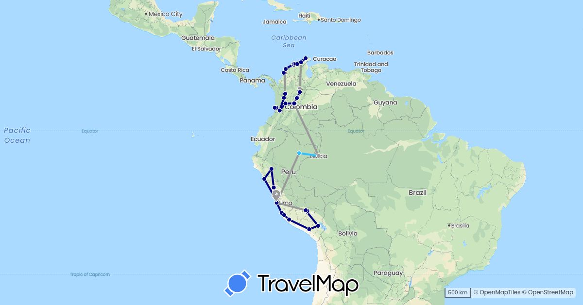 TravelMap itinerary: driving, plane, boat in Colombia, Peru (South America)